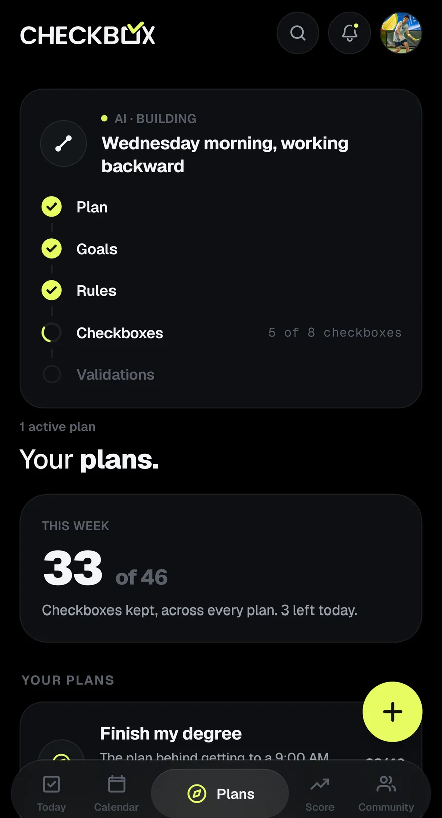 A connected AI building inside CHECKBOX: plan, goals and rules already ticked, checkboxes in progress at five of eight, validations still to come.