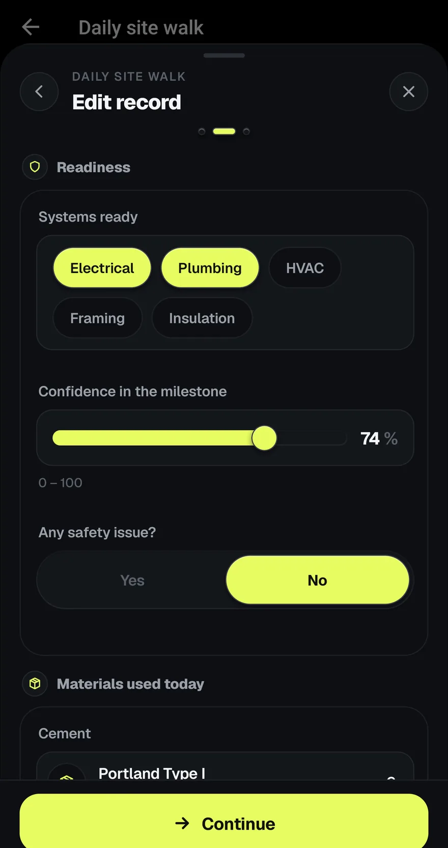 Filling in a site walk: chips for the systems that are ready, a slider set to 74 per cent confidence, a yes or no on safety, and the cement being counted out of stock.
