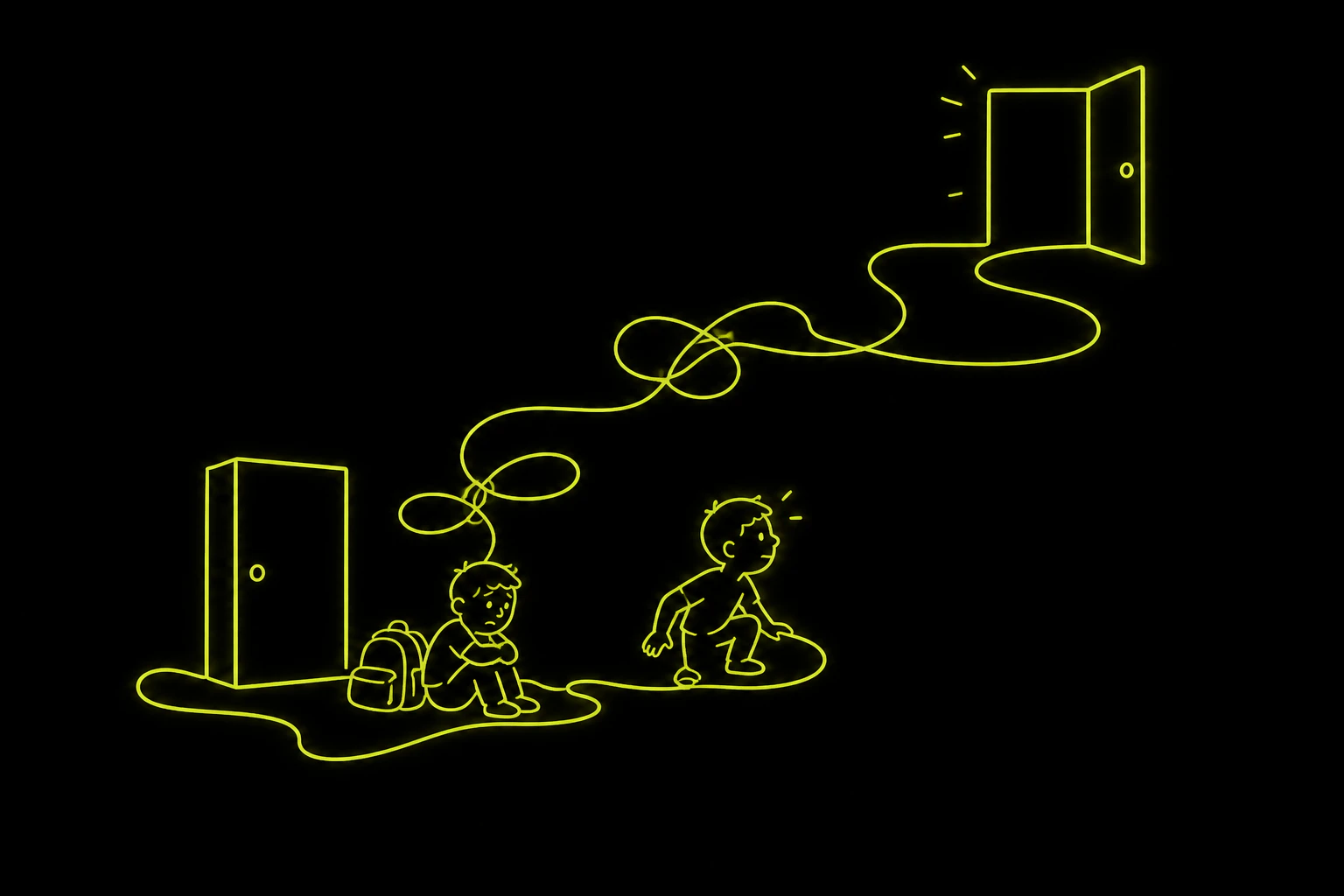 A person sits by a closed door, then follows a tangled line to an open door.